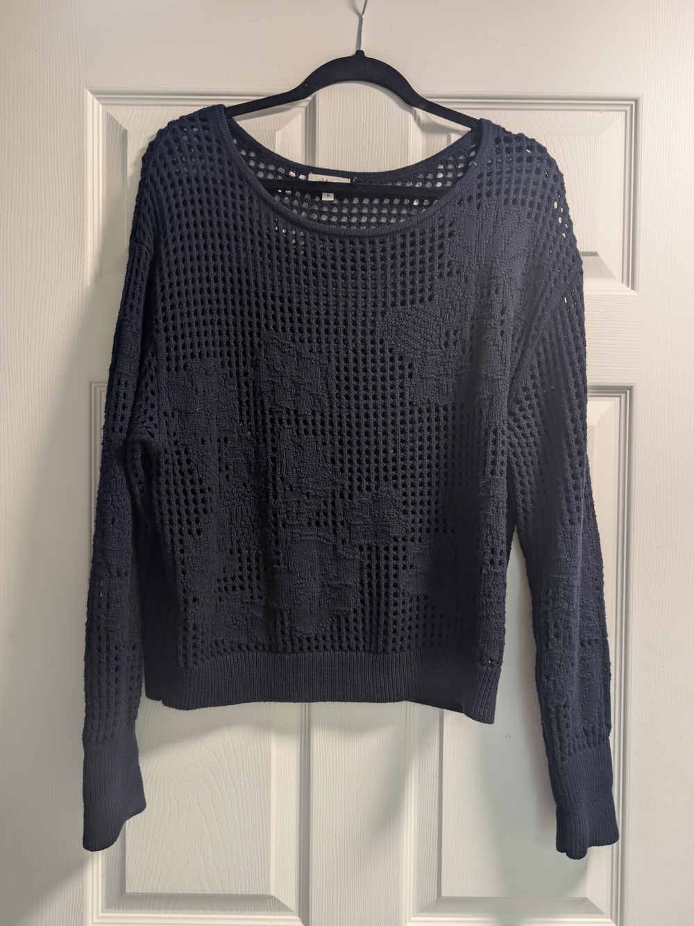 Reitmans Navy Open-Knit Floral Crewneck Sweater